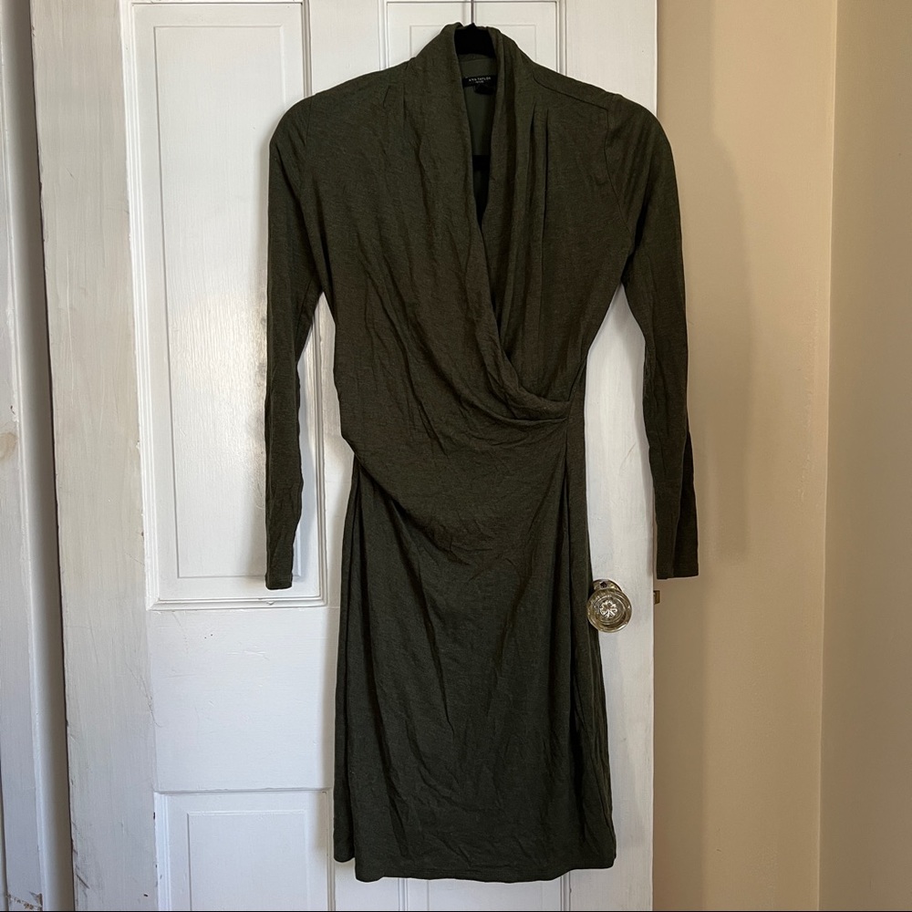 Ann Taylor 0P olive green faux wrap dress